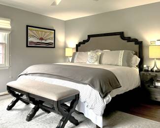 Bassett king headboard and frame. The king shams and a matching king comforter (never used) are available too.