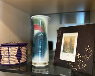 Vase, basket, framed art
