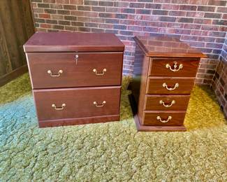 Lot 015-BON: File Cabinet Duo

Features: 
•	Two wooden cabinets, both capable of holding either letter or legal files
•	Large cabinet is cherry-colored; small cabinet is brown
•	Both have keys

Dimensions: 
•	Large: 39.25”W x 20.5”D x 30”H
•	Small: 18.5”W x 27.25”D x 29.5”H

Condition: Very heavy and solid pieces. Drawers work fine. Both are in Good pre-owned condition.


