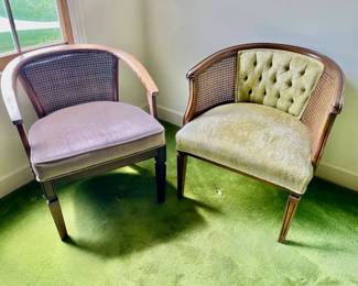 Lot 023-MBR: MC Chair Duo

Features: 
•	Two wood-framed, Mid-century barrel chairs with caning
•	The light brown cushioned chair (left) is made by Flexsteel
•	The green chair (right) has been reupholstered

Dimensions: 
•	Brown: 25.5”W x 20”D (seat) x 28”H
•	Green: 25.5”W x 18”D (seat) x 30”H

Condition: Good pre-owned condition

