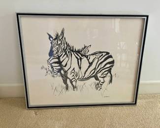 Lot 007-DR: Zebra Watercolor attributed to Lois Green Cohen

Features: 
•	Large-framed Zebra watercolor on paper, signed by artist, “LG Cohen”, undated.
•	Enclosed in a wooden silver-and-black frame with Plexiglass glazing
•	For a brief biography of the artist, please visit: https://www.californiawatercolor.com/pages/lois-green-cohen-biography


Dimensions: 29.25”W x 23.25”H (includes frame)

Condition: Very Good pre-owned condition. In our opinion—and we are not art appraisers or dealers—the piece appears to us to be an original watercolor and not a print or giclée, and appears to be after the style of the artist when compared to other instances of her work pictured online.
