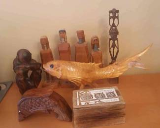 Wood Carved Fish Tribal Figures And Puzzle Box