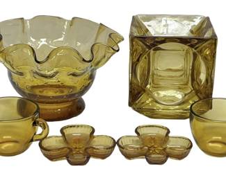 Amber Bowl, Vase, Cups Ashtrays