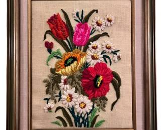 1970s Framed Crewel Embroidery Red