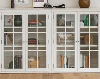 Pottery Barn Logan Double Cabinet Glass Bookcases with 3 shelves in an antique white finish & brushed nickel 
$250 each