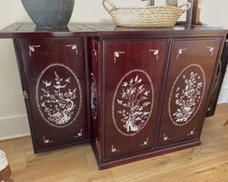 Rosewood and Mother of Pearl Inlay Oriental Bar Cabinet flip-top fold out bar cabinet $1800