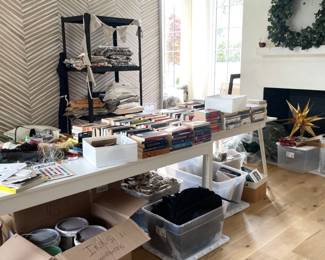 Craft & Art supplies, screen printing inks, yarns, fabric, holiday decor, paperback books $1 each. Handpainted organic fabrics & silks. 