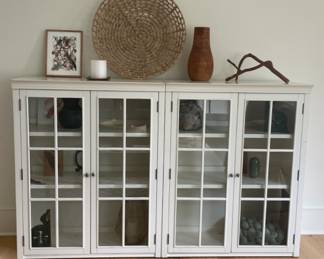 Pottery Barn Logan Double Cabinet Glass Bookcases with 3 shelves in an antique white finish & brushed nickel 
$250 each
