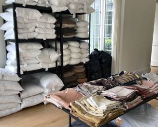 Down Alternative pillow inserts in various sizes - round, lumbar and square $2 each. Hand-painted decorative pillow covers $5 each.