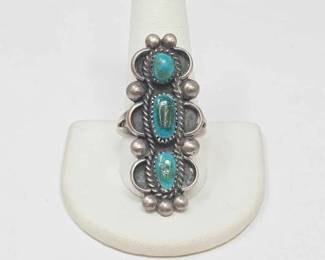 #570 • Native American Sterling Ring with 3 Turquoise Stones, 12.24g
