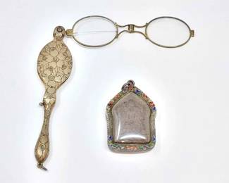 #916 • Sterling Antique Lorgnette Glasses & Amulet, 52.94g
