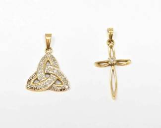 #718 • (2) 14K Gold Diamond Celtic & Cross Pendants, 1.75g
