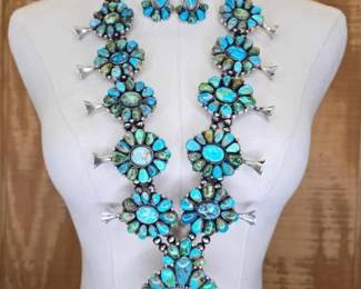 #508 • Native American Sterling Silver Turquoise Squash Blossom Set, 445g
