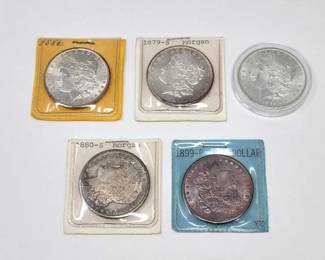 #1302 • (5) 1879-1899 Morgan Silver Dollars
