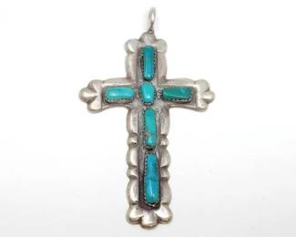 #908 • Sterling Native American 6 Stone Turquoise Cross Pendant, 23.32g
