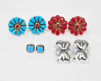 #584 • (4) Native American Sterling Turquoise & Coral Earrings, 1401g
