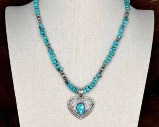 #524 • Native American Sterling Beaded Turquoise Necklace with Heart Turquoise Pendant, 48g
