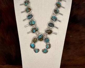 #518 • Native American Sterling Silver Turquoise Squash Blossom Set,126g
