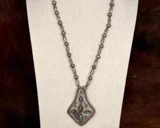 #506 • Native American Sterling Silver Turquoise Center Necklace, 50g
