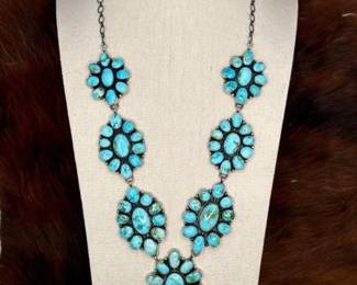 #500 • Native American Sterling Silver Turquoise Cluster Necklace, 212g
