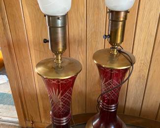 vintage brass & etched cranberry glass lamps