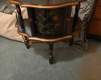 Vintage Asian black lacquered half moon table/cabinet