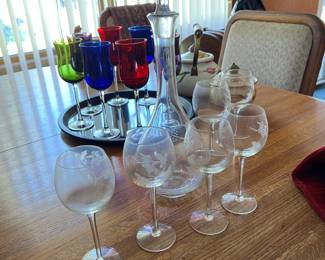 vintage crystal decanter & 6 glasses