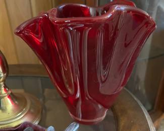 Red ruffled top art glass vase