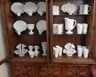 Two Piece Display Unit  Indiana 'Grape Pattern' Luncheon Set, Flat Bottomed Tumblers, Pitcher, Fenton 3 Horned Epernege, Fire King Divided Dishes