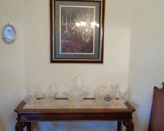 Entry/Sofa Table w/Marble Top.  Assorted Glass Pieces.