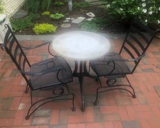 Nice Wrought Iron & Stone Garden Table & Chairs