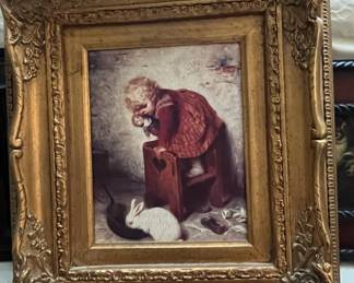 Vintage/Antique Print of Herman Kaulbach's "The Rabbit"  Frame is Rococo Revival 