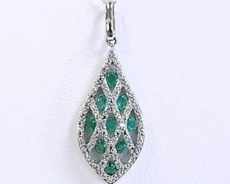 Emerald and Diamond 14k white gold necklace 18"
