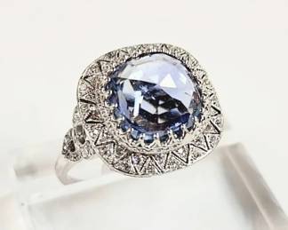 Rare Edwardian 4.71 ct. Ceylon Sapphire fancy cabochon and .36 ct tw diamonds in 18k and platinum filigree ring 