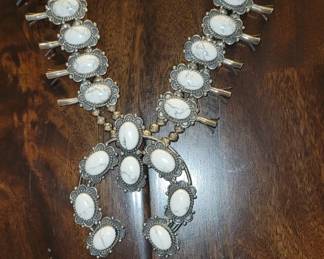 Fannie Chavez-Platero necklace and matching earrings. Navajo 191.9 g. Sterling silver and Howlite. Taking bids on this piece, it has a reserve.