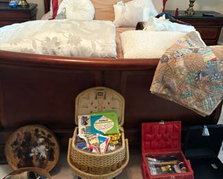 Sleigh bed, shoe polish kit, sewing materials and storage boxes