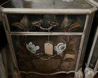 Hollywood Regency Mirrored Nightstand w/ Reverse Painted Floral Design