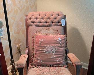 Antique Pedestal Rocking Chair w/Floral Upholstery