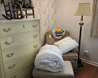 French Provincial Chest of Drawers, Velvet upholstered Armchair w/Stool, Floor Lamp