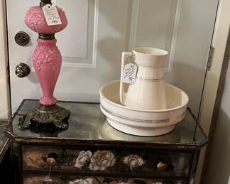 Hollywood Regency Mirrored Chest w/Reverse Painted Floral Design, Tall Pink Banquet Lamp
