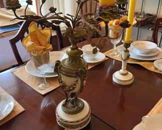 Brass ormolu Rams Head & Marble Candleholder Set