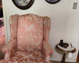 Ethan Allen pink floral bird print wing back chair, small brass table w/marble top