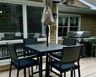 Crate & Barrel Outdoor Bistro Table, 4 Bistro Armchairs & Umbrella.  Sunbrella cushions. SOLD AS A SET.
