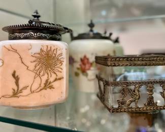 Pairpoint "Chrysanthemum", AJ Meriden Biscuit Jar / Opalware satin glass and more