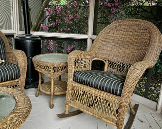 Tommy Bahama style wicker rocker and side table 