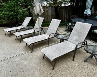 Chaise Lounges, poolside tables, umbrella