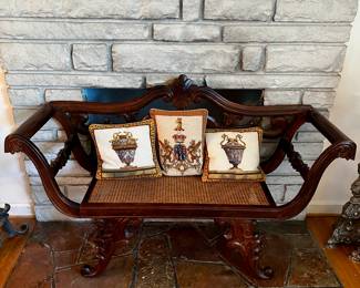 Vintage Carved Bench with Cane Seat