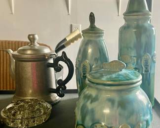 pewter coffee/teapot/ marine-themed canister set 