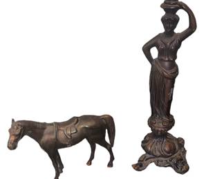 Cast Metal Statues, Horse, and Woman.