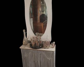 Long Painted Mirror 47 inches by 2 feet, Marble top painted cabinet 32 inches by 29 inches.